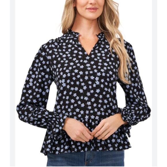 CECE Brooke Ditsy Floral Peplum Top Black Size Small - Picture 1 of 8